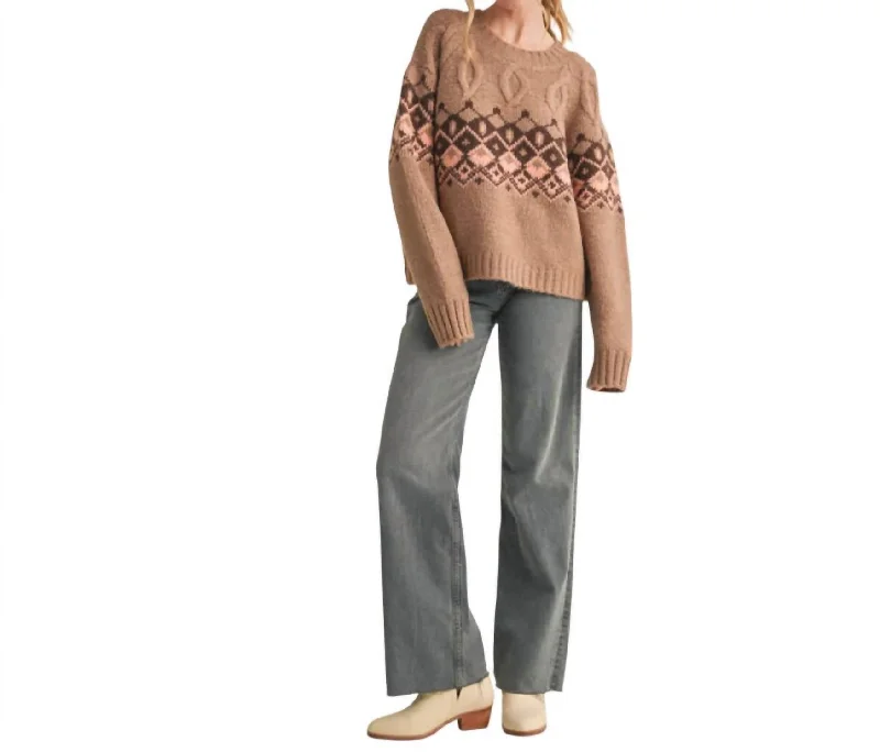 Relaxed And Casual Cable Knit Fair Isle Sweater In Brown