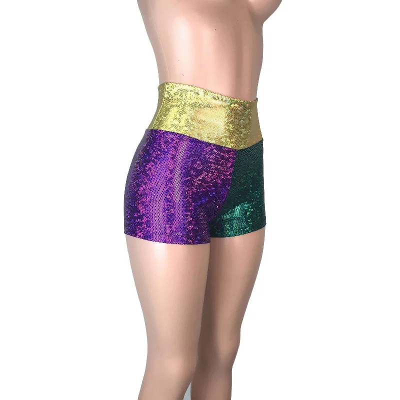 Knitted Design High Waisted Mardi Gras Booty Shorts - Holographic
