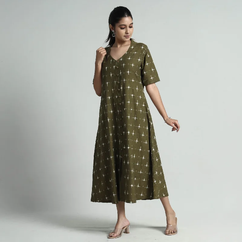 Comfortable And Cold-proof Green - Pochampally Double Ikat Weave Cotton Dress
