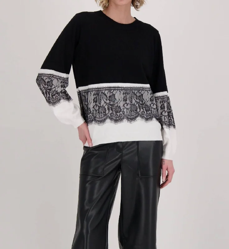 High-waisted pants style Contrast Lace Panel Sweater Top In Black And White