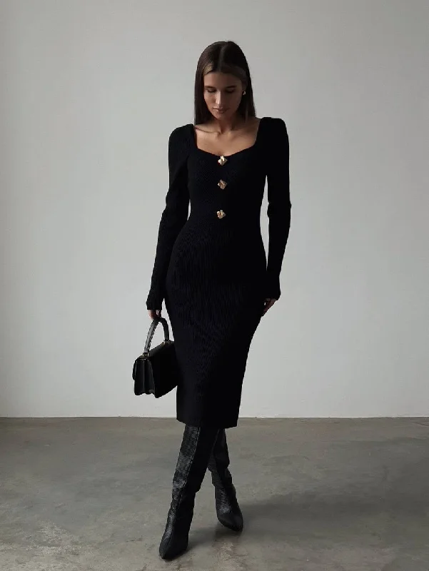 Elegant Design Elegant Black Ribbed Knit Midi Dress