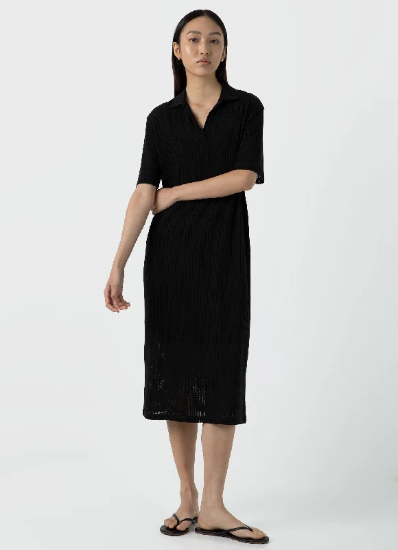 Fashionable And Versatile Women's Lace Mesh Polo Dress in Black