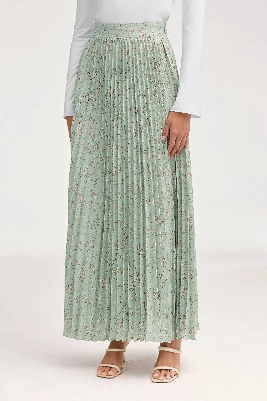 Modern City Pleated Floral Maxi Skirt - Sage
