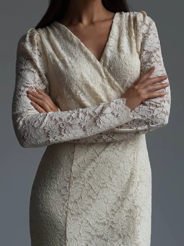 Casual And Comfortable Elegant Lace-Embroidered Cream Midi Dress