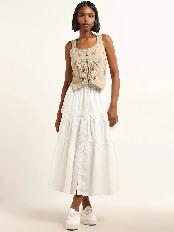 Elegant Temperament Bombay Paisley White Tiered Mid Rise Cotton Skirt