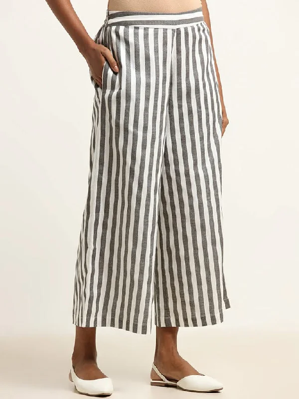 Warm And Comfortable Utsa Grey Striped Blended Linen Palazzos