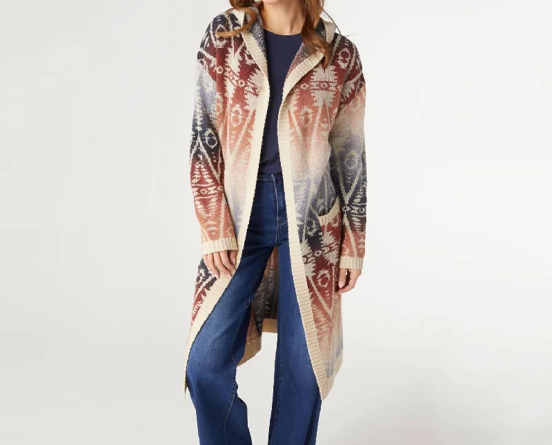 Sports litigation style Cowichan Long Hooded Aztec Cardigan In Rust/cream/navy