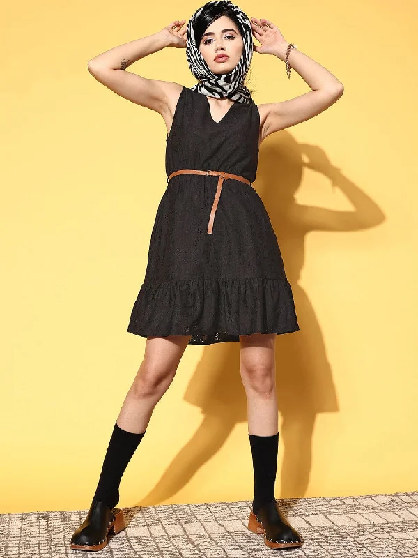 Fashion Design Women Black Schiffli V-Neck Frill Hem Belted Dress