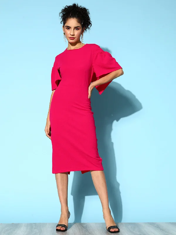 Elegant Temperament Women Fuchsia Frill Cape Bodycon Dress