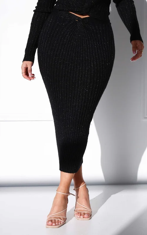 Noble And Elegant Solita Knit Midi Skirt - Black Metallic