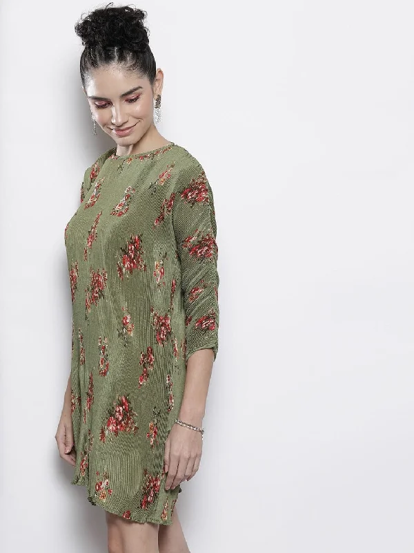 Sweet Style Women Olive Floral Pleated Chinon Bodycon Dress