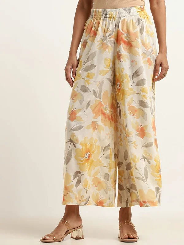 New Products Zuba Yellow Floral Cotton Palazzos