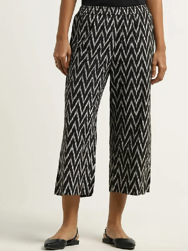 Energy Plan Utsa Black Ikat Printed Blended Linen Palazzos