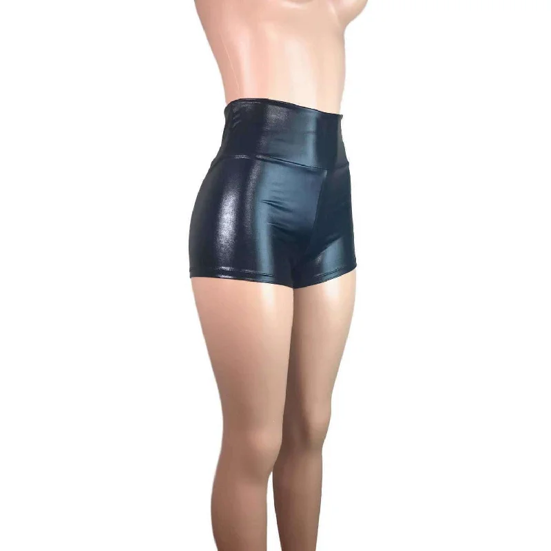 Fresh And Natural High Waisted Booty Shorts - Black Metallic "Wet Look"