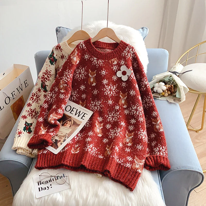 Easy Fashion Vintage Red Christmas jacquard knitted sweater  5125
