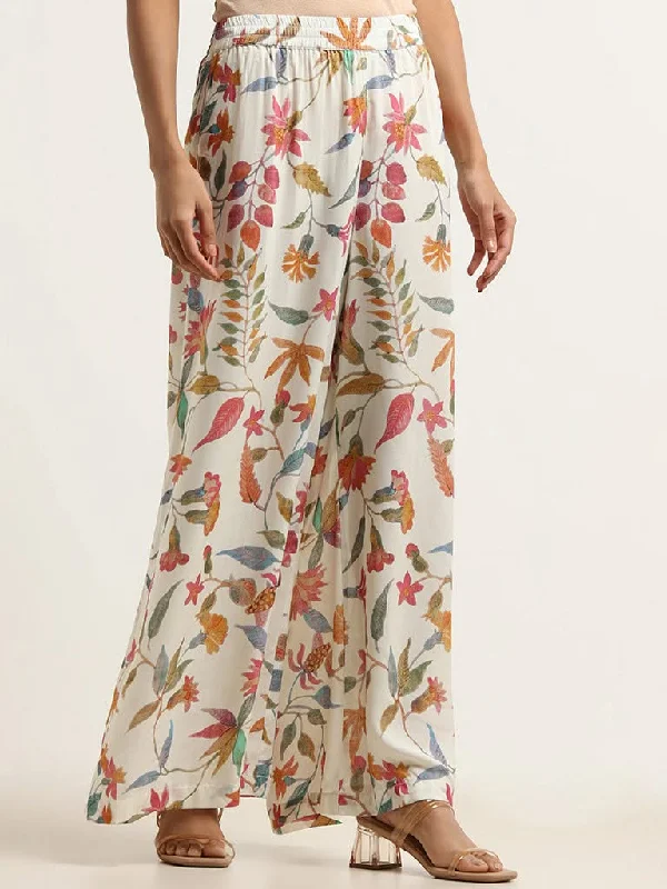 Alice style Zuba Off-White Floral Cotton Palazzos