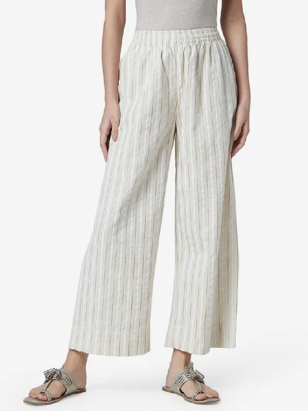 Classic And Versatile Utsa Off White Striped Cropped Palazzos