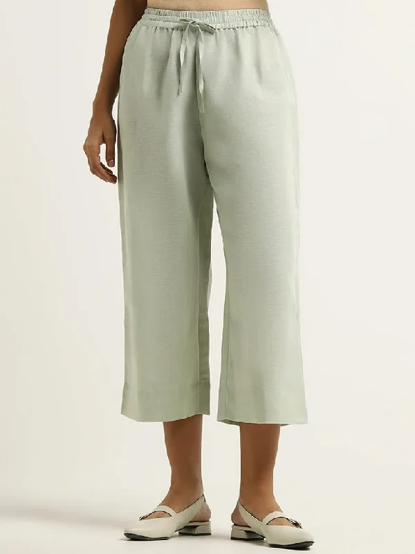 Modern Comfort Zuba Green Mid-Rise Blended Linen Palazzos