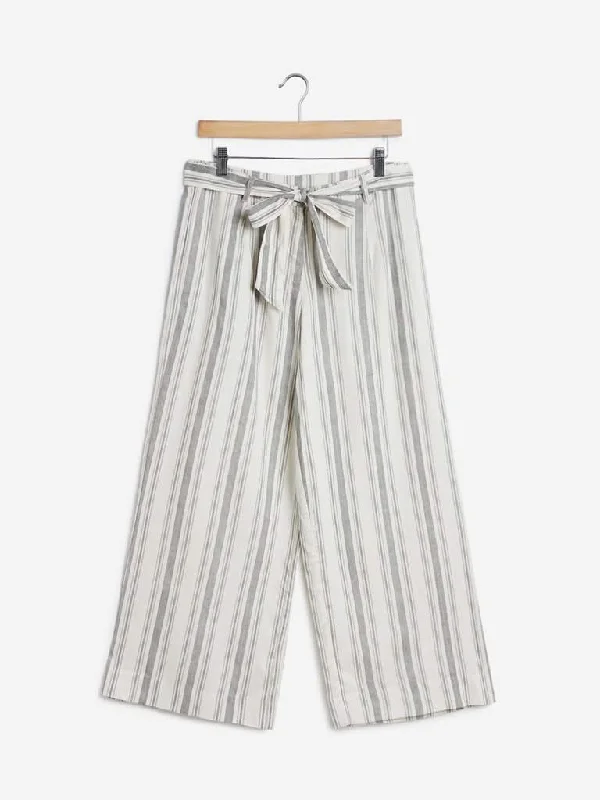 Floral Prints Bombay Paisley Grey Striped Palazzos With Belt