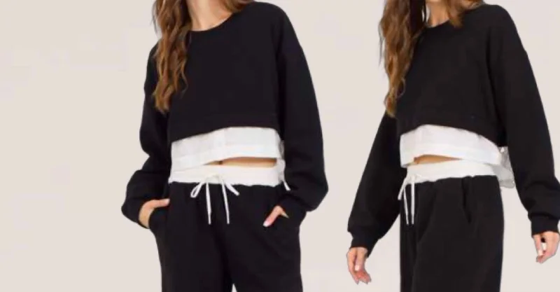 Street Casual Style Essential Fleece Crewneck W/ Poplin In Black
