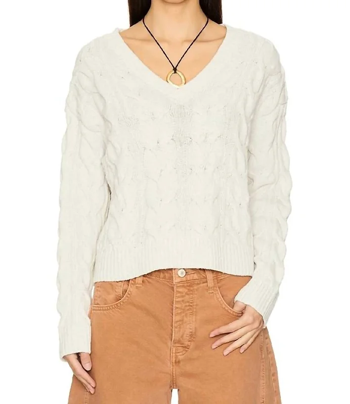 Comfortable Design Washed Cable V-Neck Sweater In Optic White