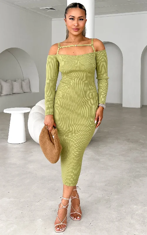 Classic Retro Soji Knit Midi Dress - Light Green