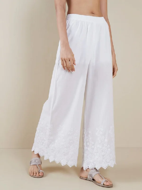 Casual And Comfortable Zuba White Floral Embroidered Cotton Palazzos
