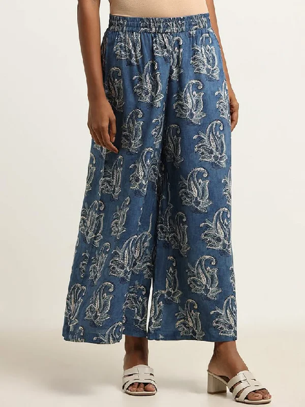 Sports Design Utsa Blue Printed Wide-Leg Palazzos