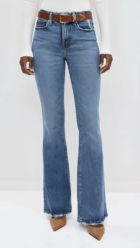 High Street Fashion Good Legs Flare Deep V Yoke Jeans In Indigo