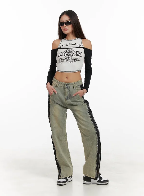 Exquisite Tailoring Zipper Washed Straight Jeans CA430