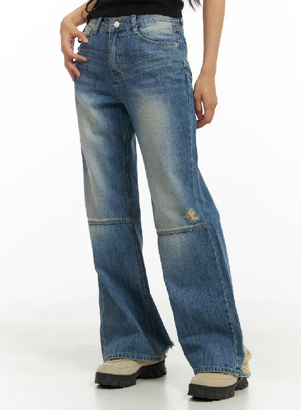 Stylish Comfort Semi-Destroyed Straight Jeans CA424