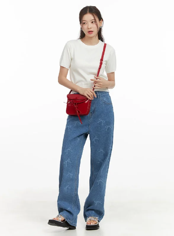 Free And Comfortable Ribbon Graphic Loose Fit Straight Jeans OY421